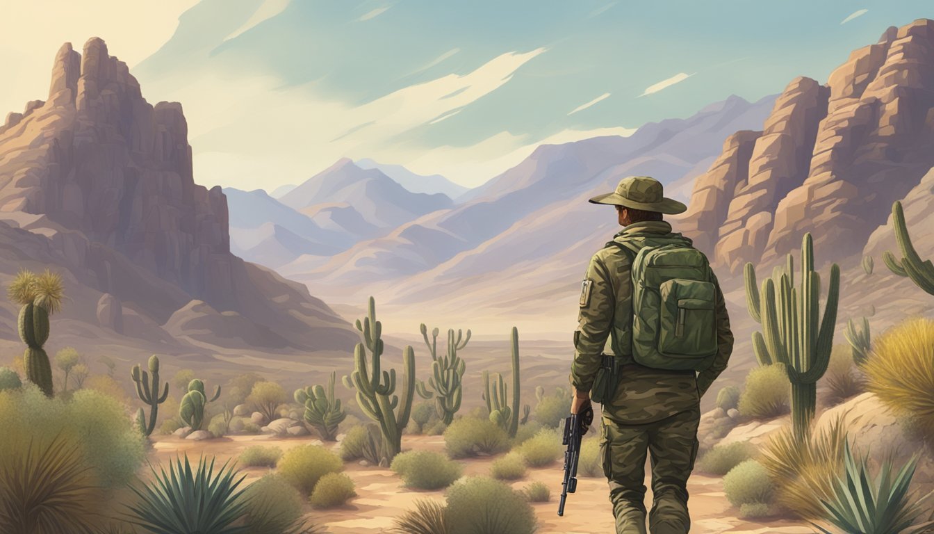 A rugged landscape of desert mountains and cacti, with a hunter in camouflage gear stalking prey in the distance