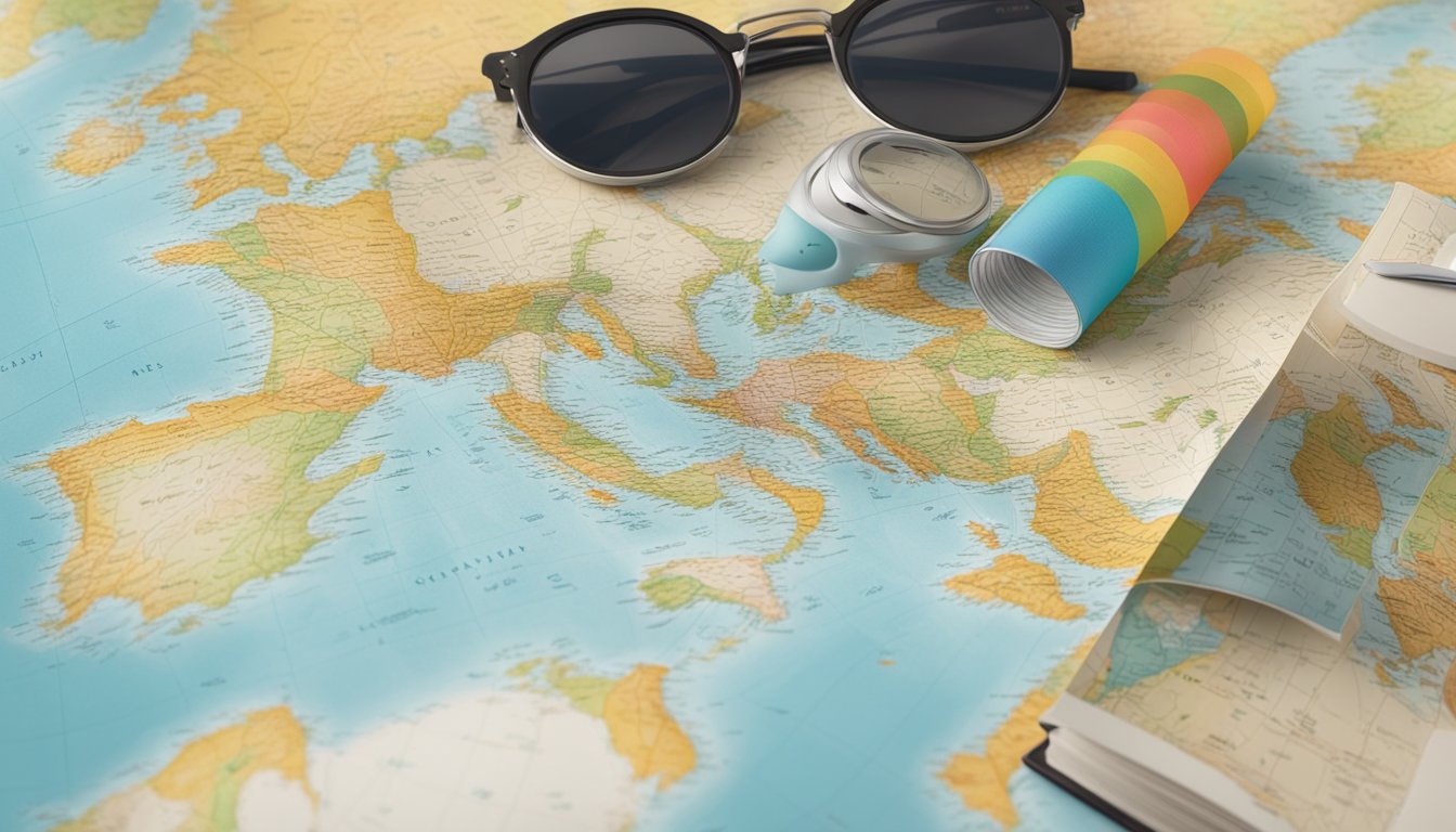 A map spread out on a table, surrounded by travel guides, a compass, and a pair of sunglasses