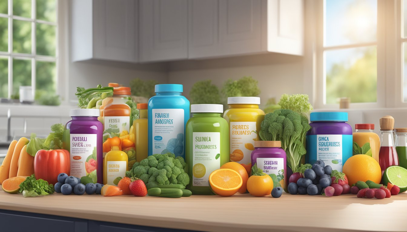 A colorful array of supplement bottles and non-food nutrients arranged on a kitchen counter, alongside fresh fruits and vegetables