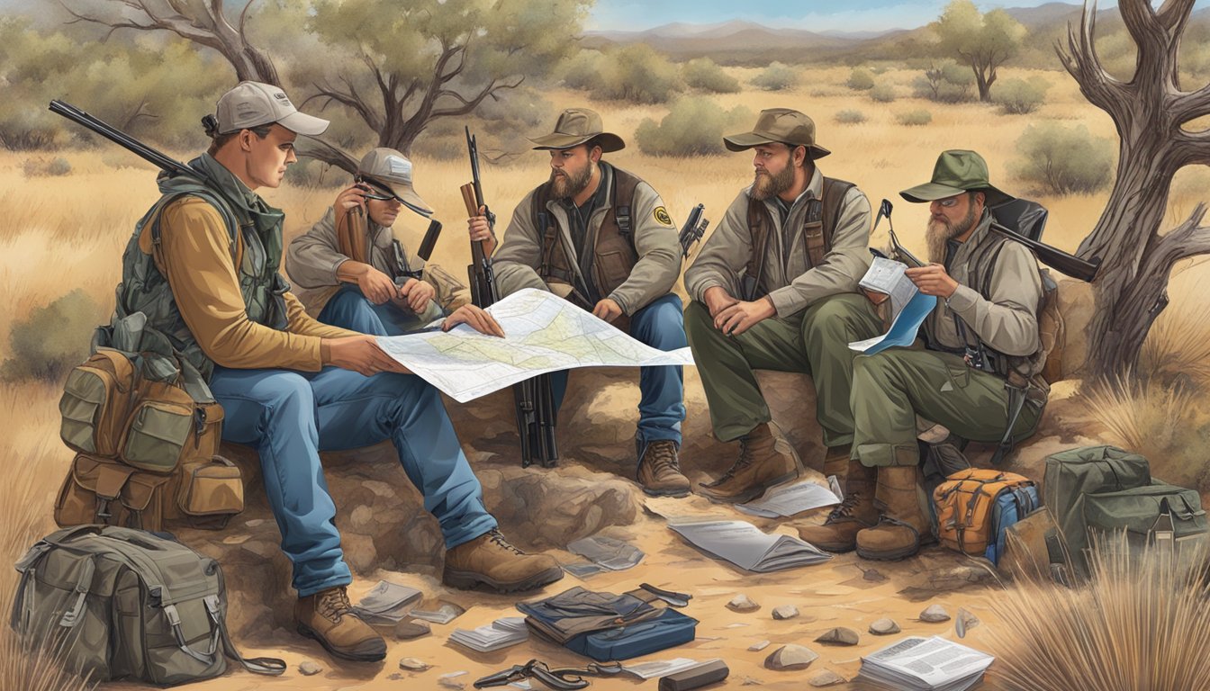 A group of hunters studying a map of Arizona's hunting regulations while surrounded by hunting gear and outfitter brochures