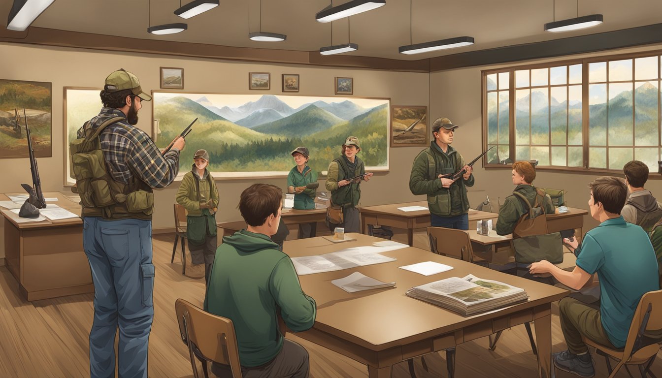 A hunter education class in session, with students and an instructor discussing safety and regulations. Wildlife posters and hunting gear are displayed on the walls