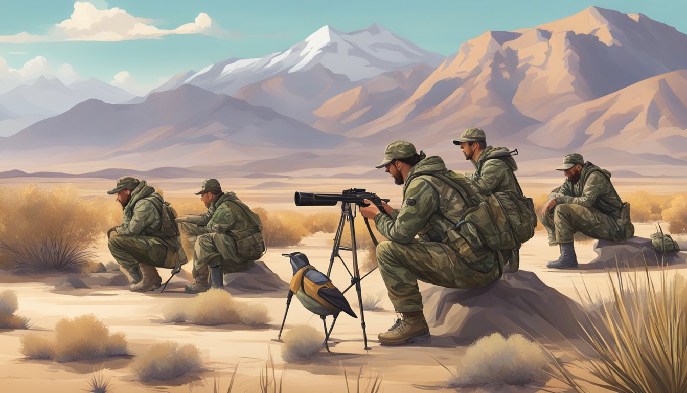 A group of hunters in camouflage gear setting up decoys in a desert landscape, with mountains in the background