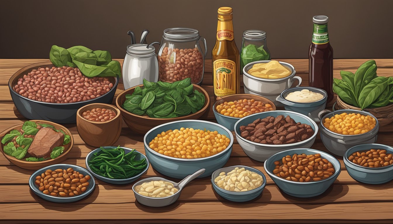 A colorful array of Texan foods rich in iron, such as lean beef, spinach, and beans, arranged on a rustic wooden table