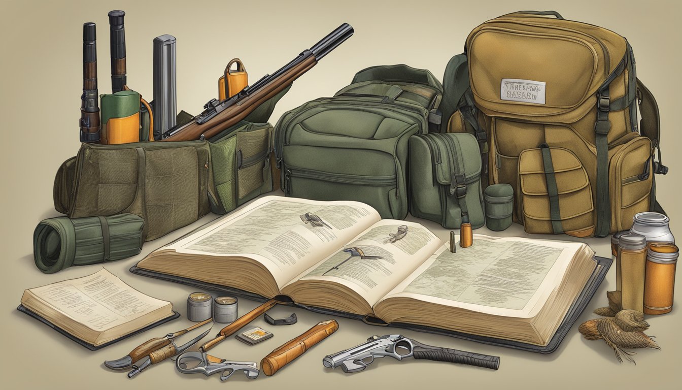 A hunter safety course textbook surrounded by hunting gear and wildlife illustrations