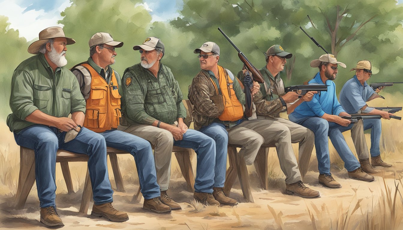 A group of individuals attending a hunter education class in Oklahoma, with instructors teaching firearm safety and wildlife conservation principles