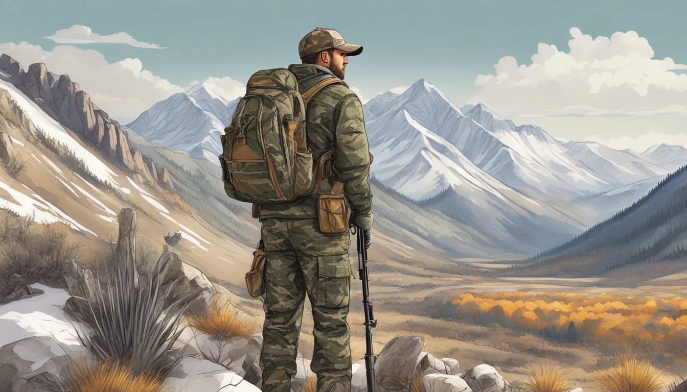 A hunter in camouflage gear stands against a backdrop of rugged Colorado mountains, holding a rifle and surveying the terrain for game