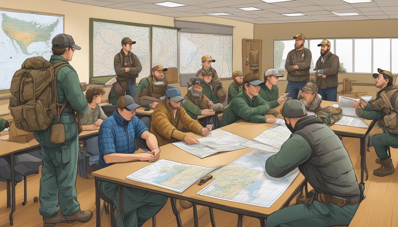 A group of hunters gather in a classroom, surrounded by maps, hunting gear, and educational materials. An instructor leads a discussion on Michigan's certification process