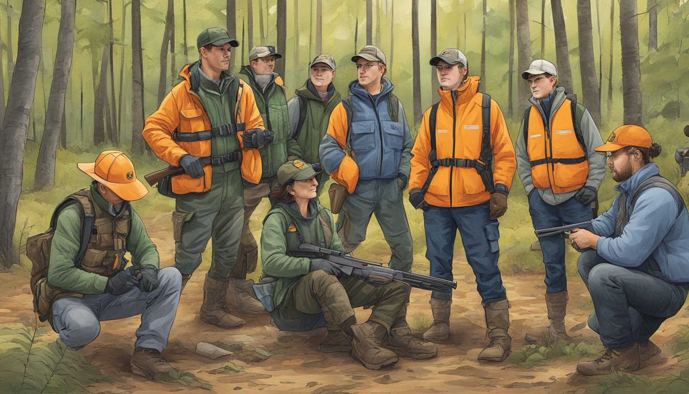 A group of individuals in hunter safety gear participate in a recreational safety course in Michigan, focusing on firearm handling and wildlife conservation