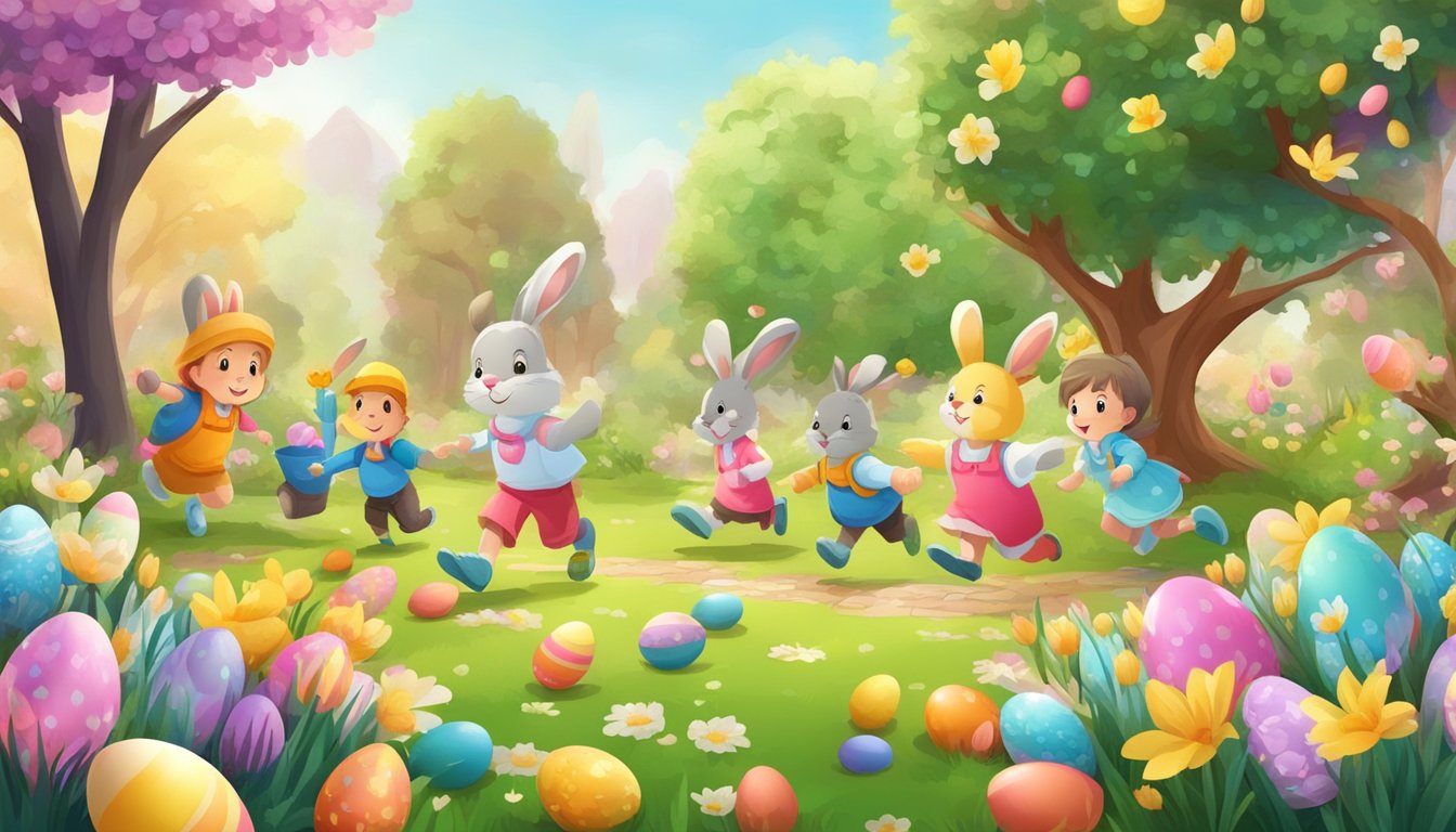 A colorful Easter egg hunt in a blooming garden with children and bunnies