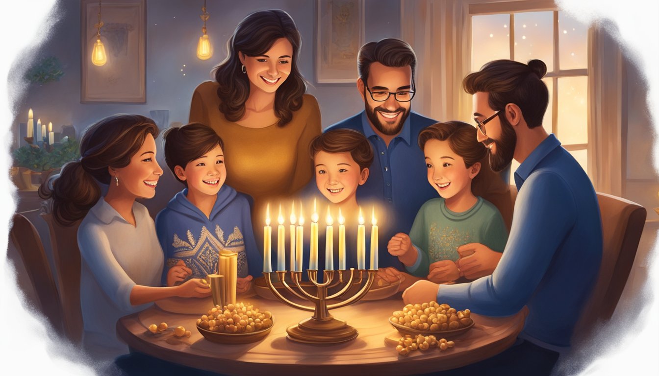 A family gathers around a glowing menorah, surrounded by Texas-style decorations, celebrating Hanukkah with joy and warmth