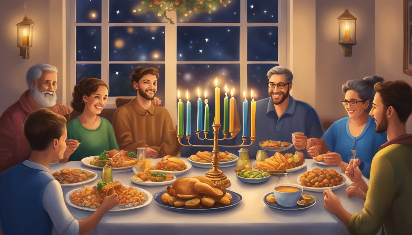 A festive Hanukkah celebration in Texas with a large menorah, traditional dreidels, and families gathered around a table filled with delicious food and drinks