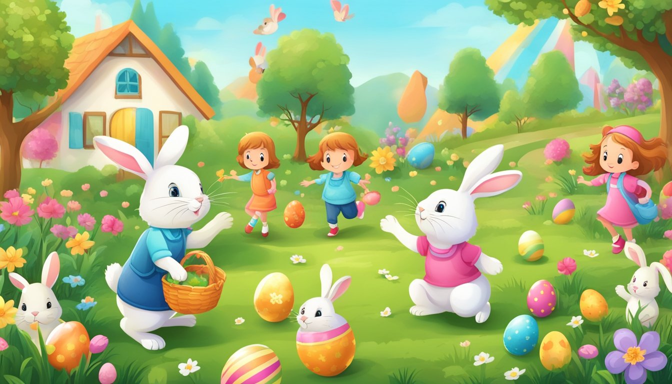 A colorful Easter egg hunt in a blooming garden with children and bunnies playing games and enjoying the festive atmosphere