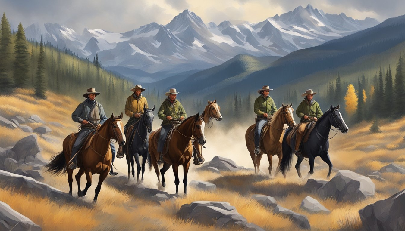 A group of hunters on horseback traverse through the rugged Colorado wilderness, with the majestic Rocky Mountains in the background