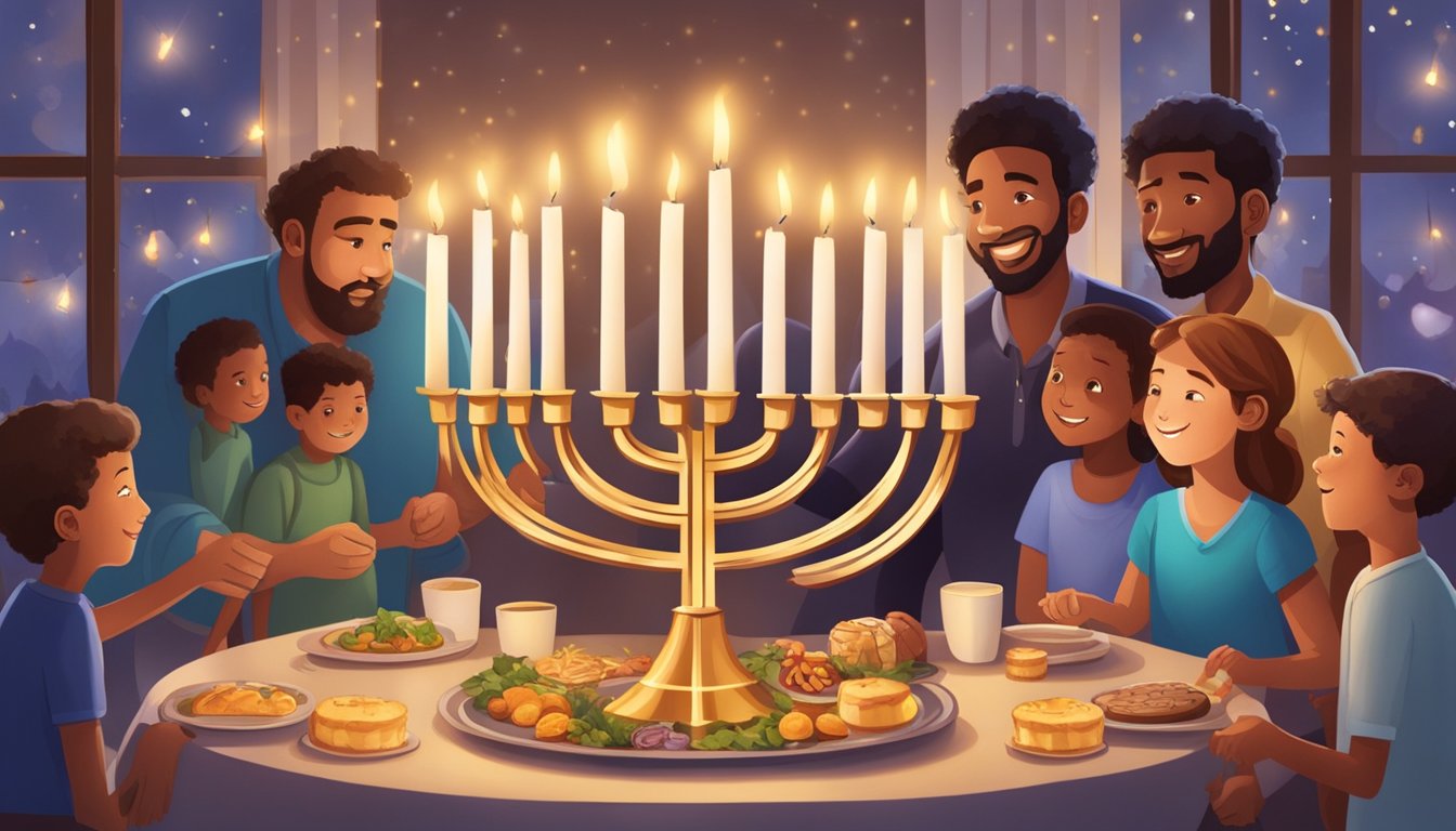 A group of people gather around a large menorah, lighting the candles and singing songs. In the background, children play games and families enjoy traditional Hanukkah foods