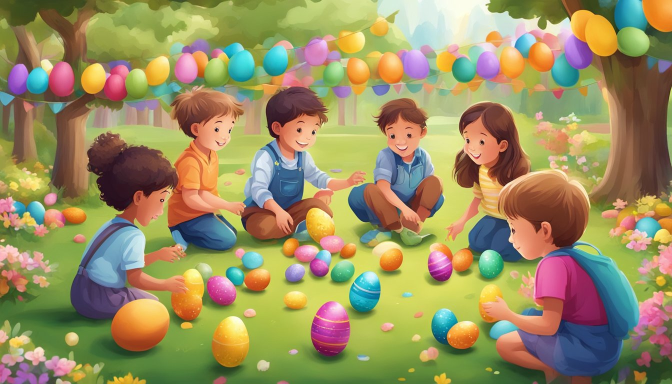 A group of children playing educational Easter games in a colorful outdoor setting, surrounded by decorated eggs and festive decorations