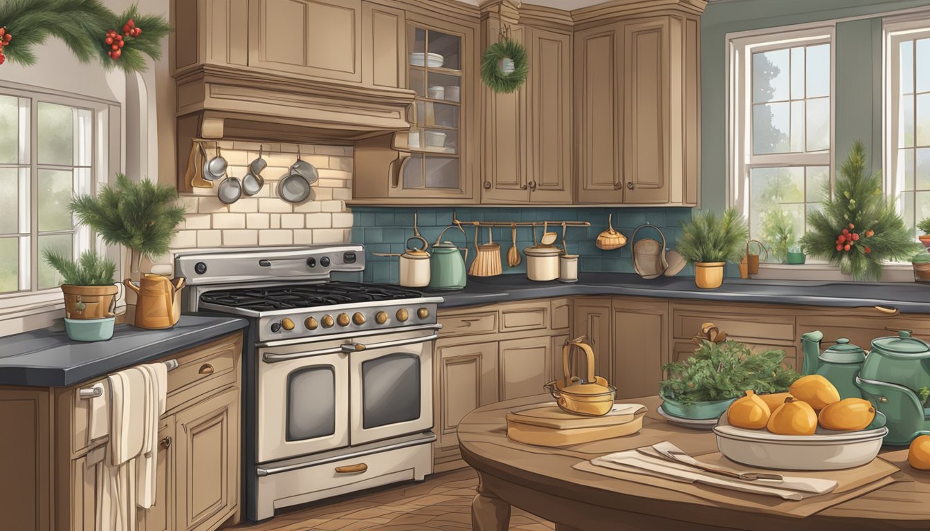 A cozy kitchen scene with holiday decorations, a pot on the stove, and a pair of oven mitts ready for use