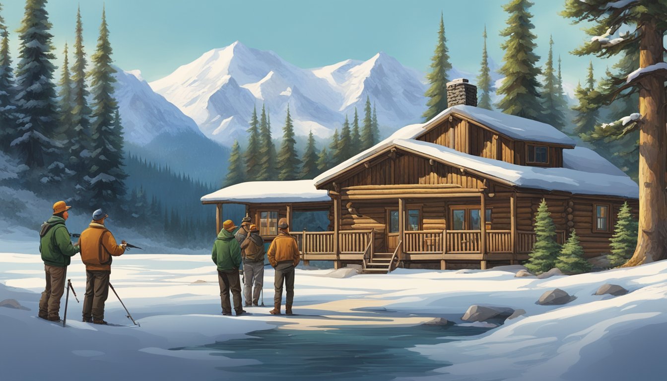 A group of hunters standing in front of a rustic lodge, surrounded by snow-capped mountains and evergreen trees, while a guide discusses licensing and regulations