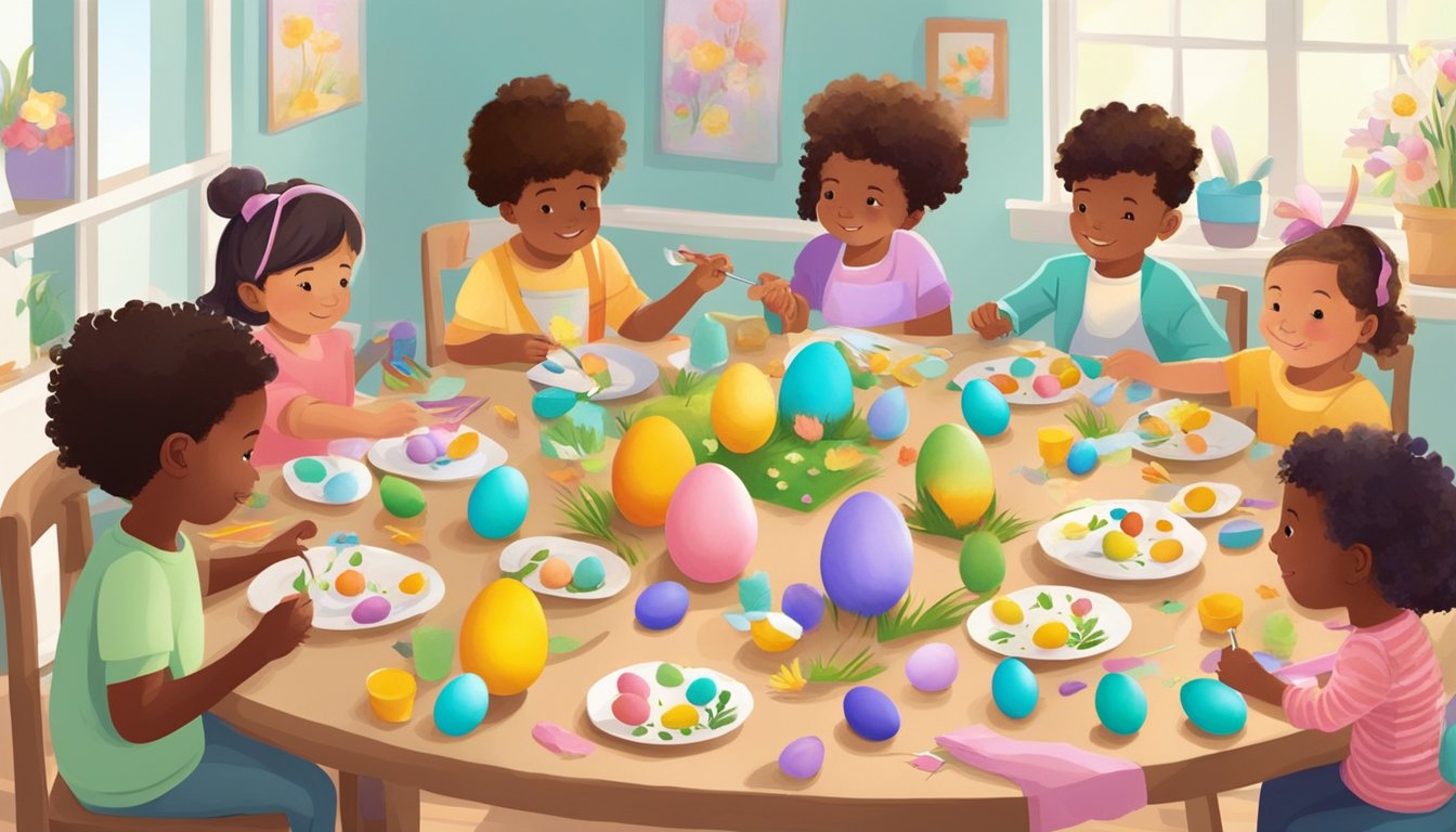 A group of young children of diverse backgrounds are gathered around a table, engaged in various Easter-themed activities such as egg painting, egg hunting, and crafting Easter decorations