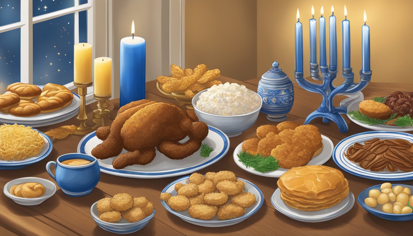 A Texas-style Hanukkah feast with festive decorations, a menorah, and traditional foods like latkes and sufganiyot