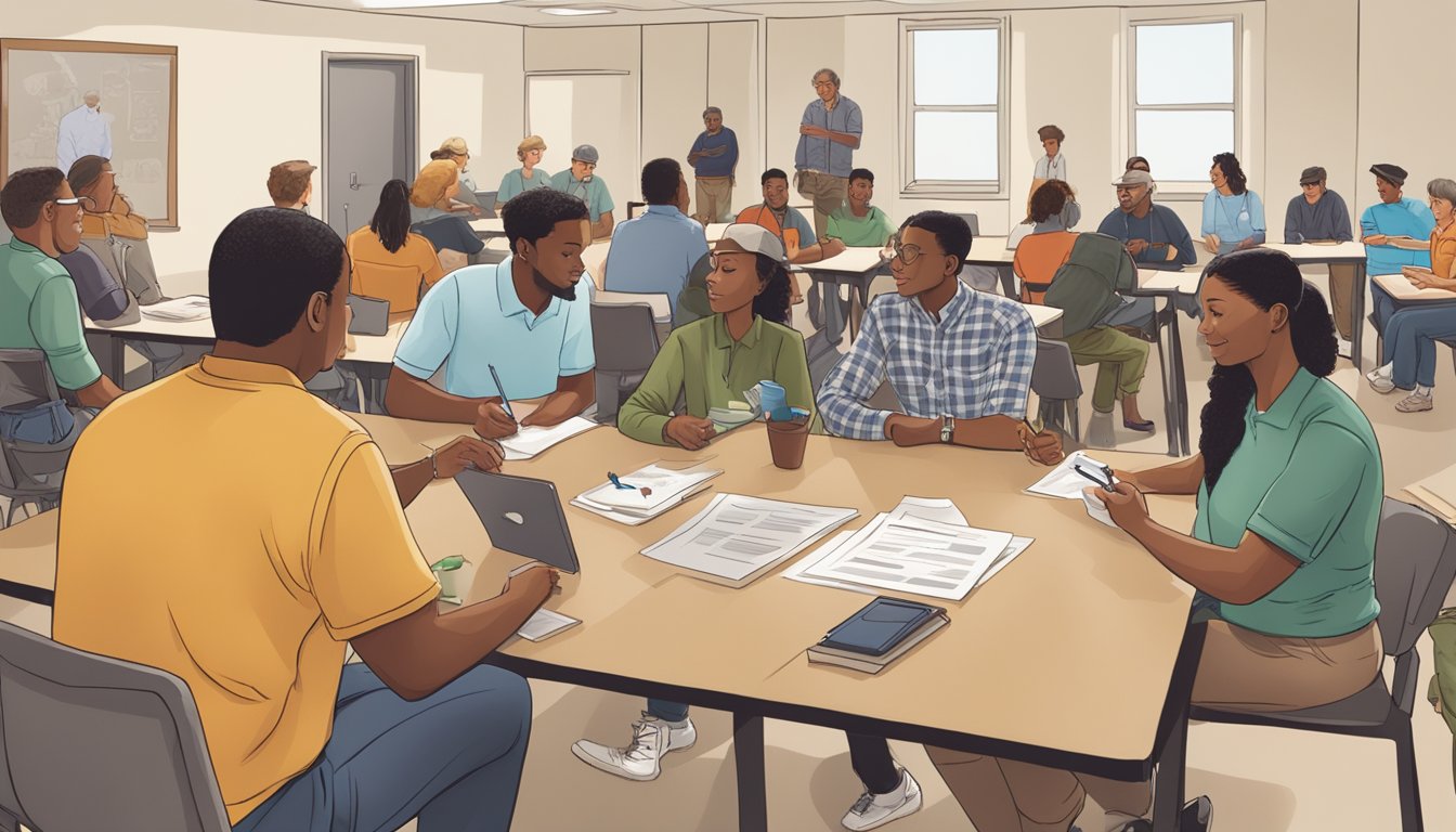 A group of people gather around a sign-up table at a hunter education course in Missouri. A variety of course options are displayed on posters around the room