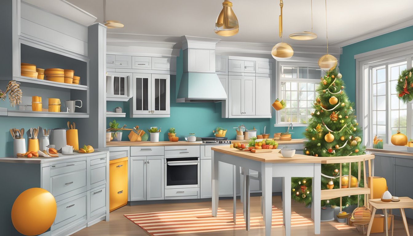 A kitchen with festive decorations and safety equipment prominently displayed