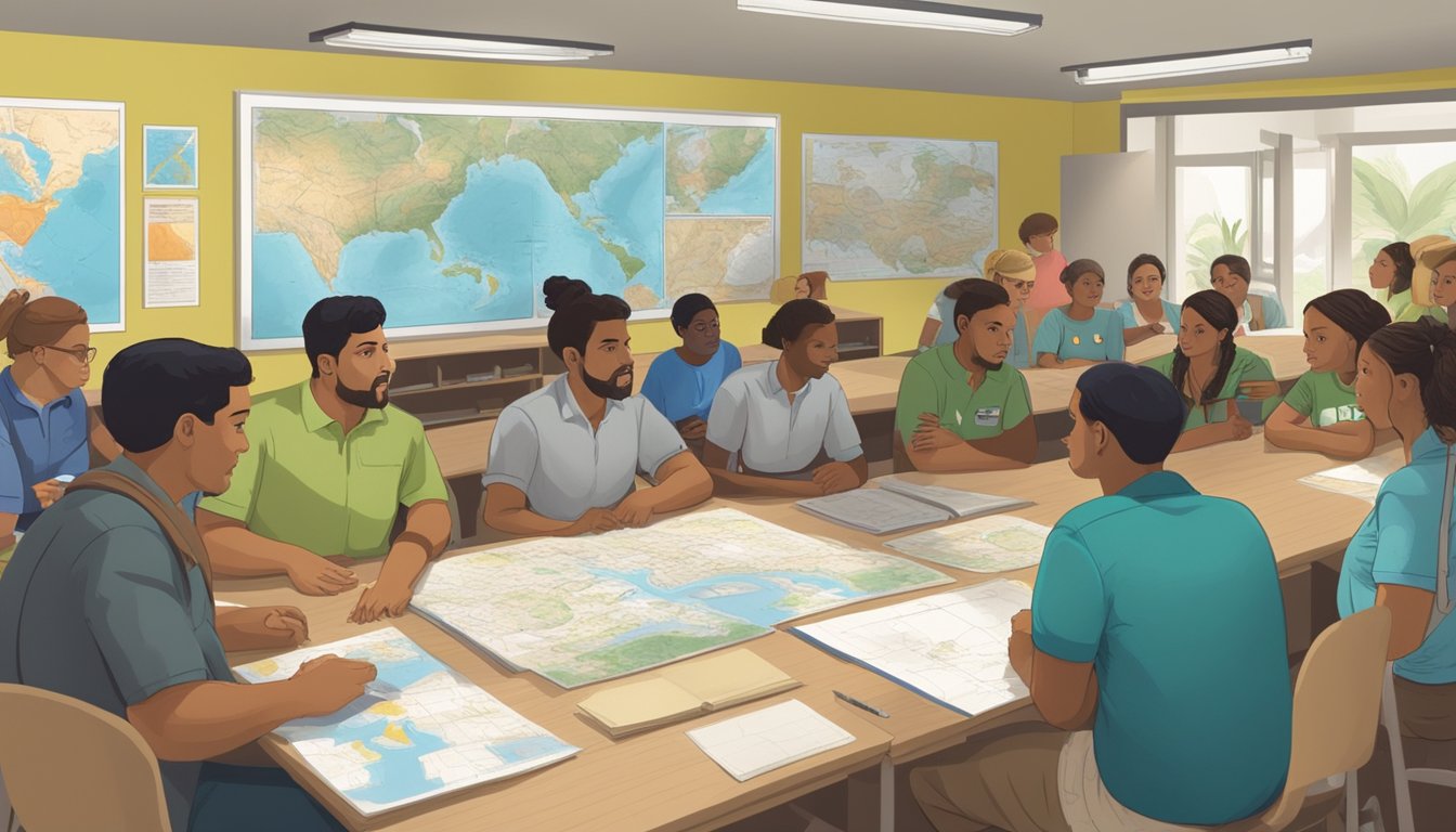 A group of people are gathered in a classroom, learning about conservation efforts in Puerto Rico. Maps and educational materials are displayed on the walls