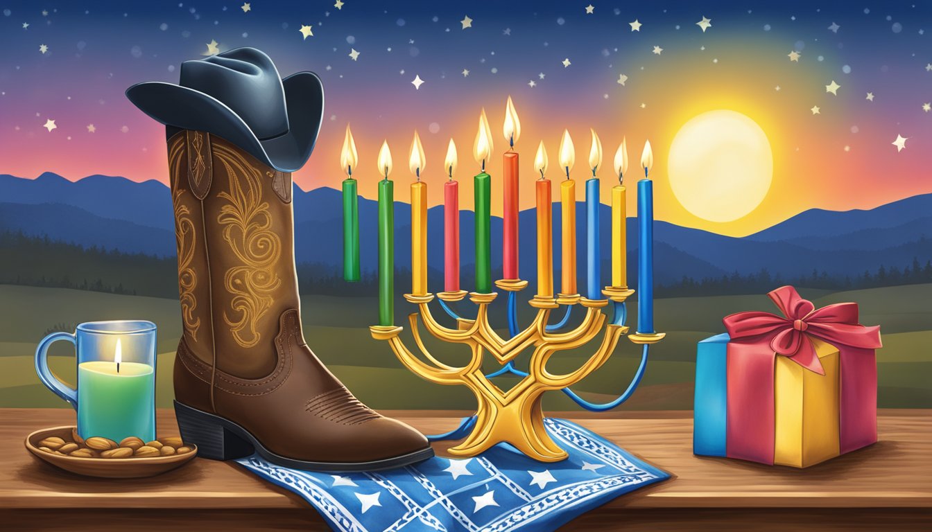 A colorful Texas Hanukkah celebration with a festive menorah, cowboy boots, and a Lone Star State twist