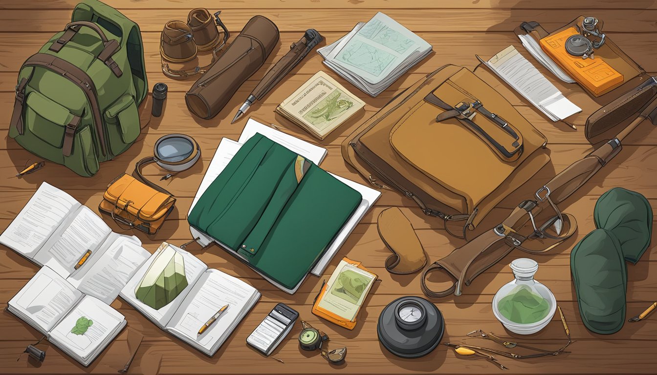 A hunter's safety manual and various study materials spread out on a wooden table, surrounded by hunting gear and equipment