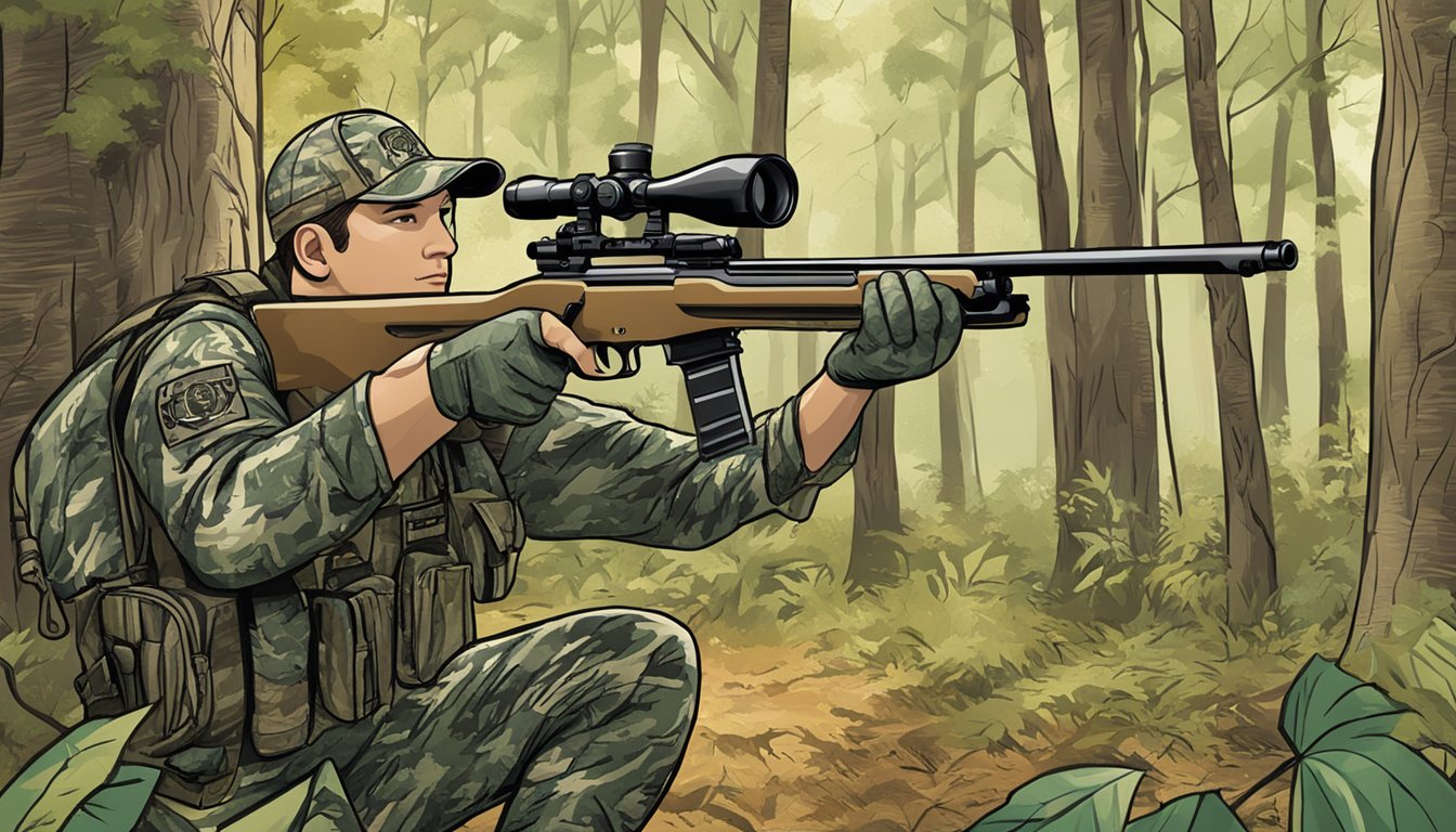 A hunter in camouflage gear aiming a rifle in a wooded area with the DC Outfitters Unlimited logo displayed on a nearby tree