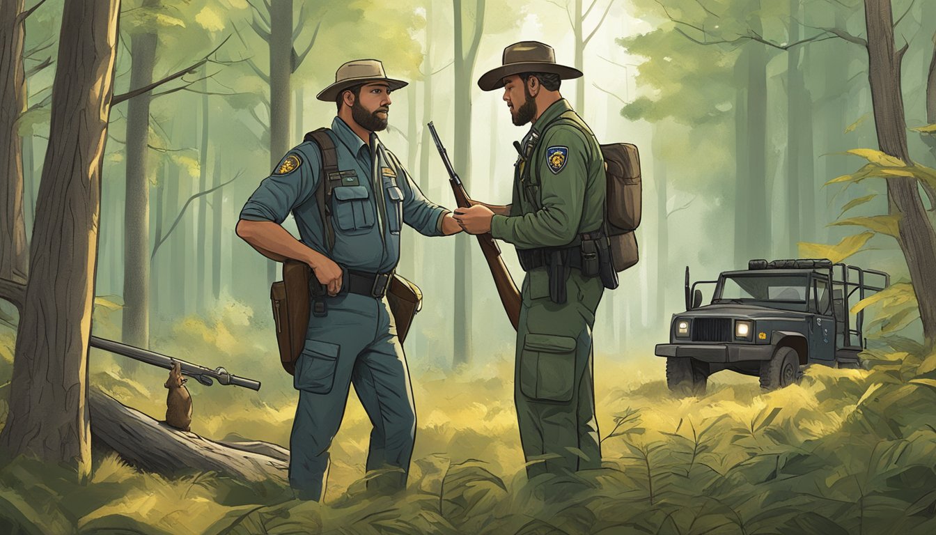 A hunter and a wildlife officer exchange knowledge and resources in a Missouri forest clearing