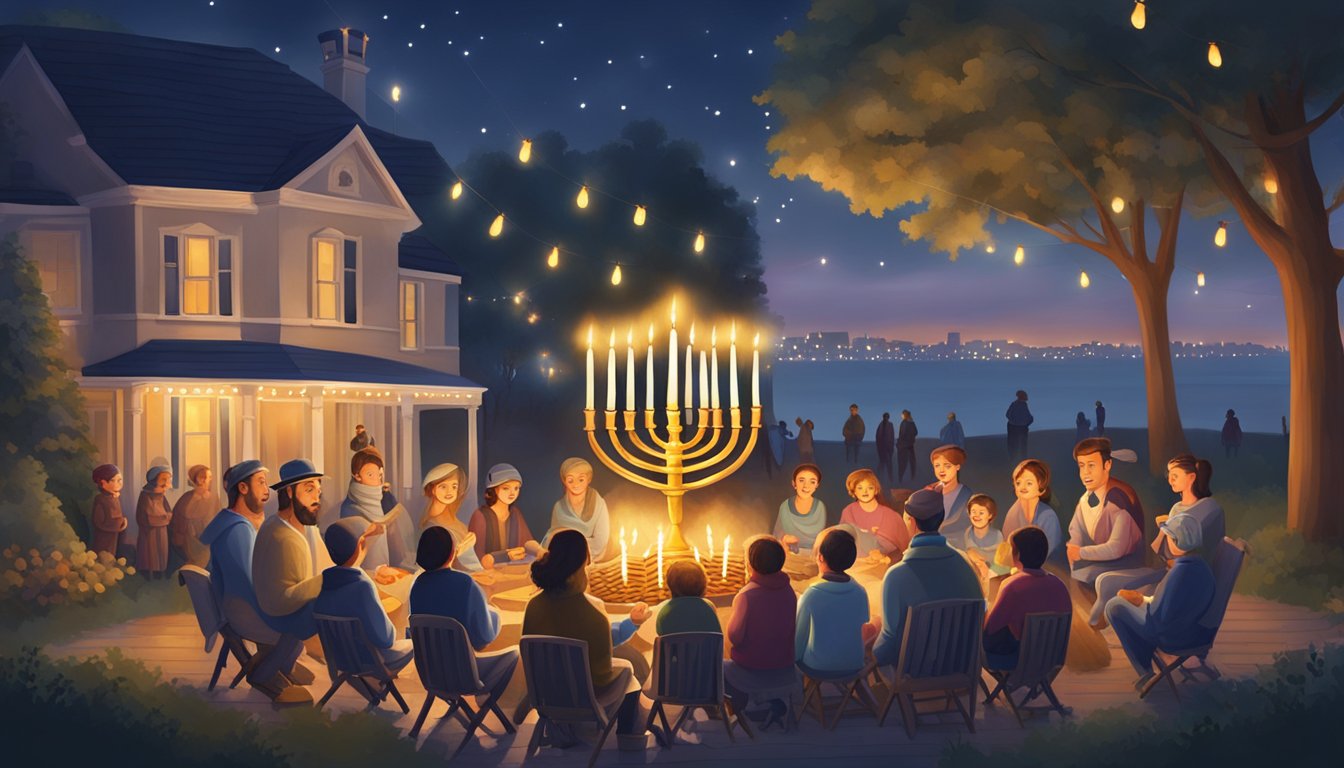 A festive outdoor scene with a large menorah, colorful lights, and families gathered around a roaring bonfire, enjoying traditional Hanukkah activities