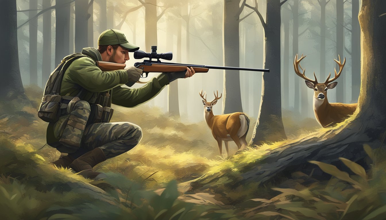 A hunter in camouflage gear aiming a rifle at a deer in a forest clearing