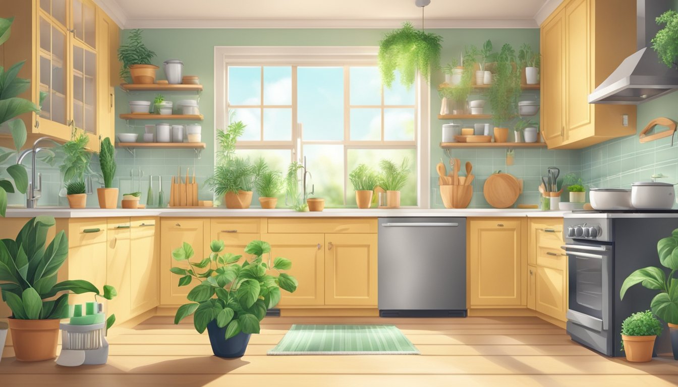 A sunny kitchen with natural cleaning products on the counter, surrounded by plants and eco-friendly cleaning tools