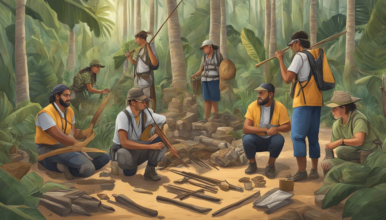 A group of researchers studying the cultural impact of hunter education in Puerto Rico, surrounded by traditional hunting tools and artifacts