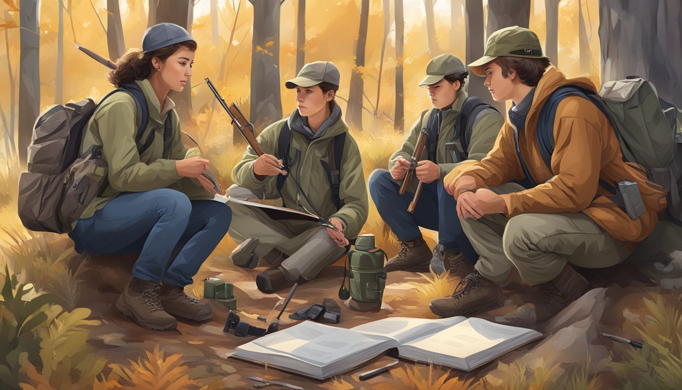 A group of students studying outdoors with hunting gear and educational materials