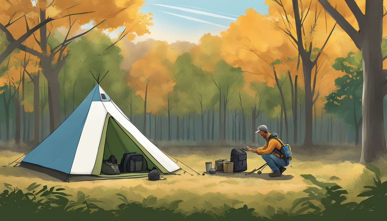 An urban hunter setting up camp in a wooded area near the city, with the Washington Monument in the background