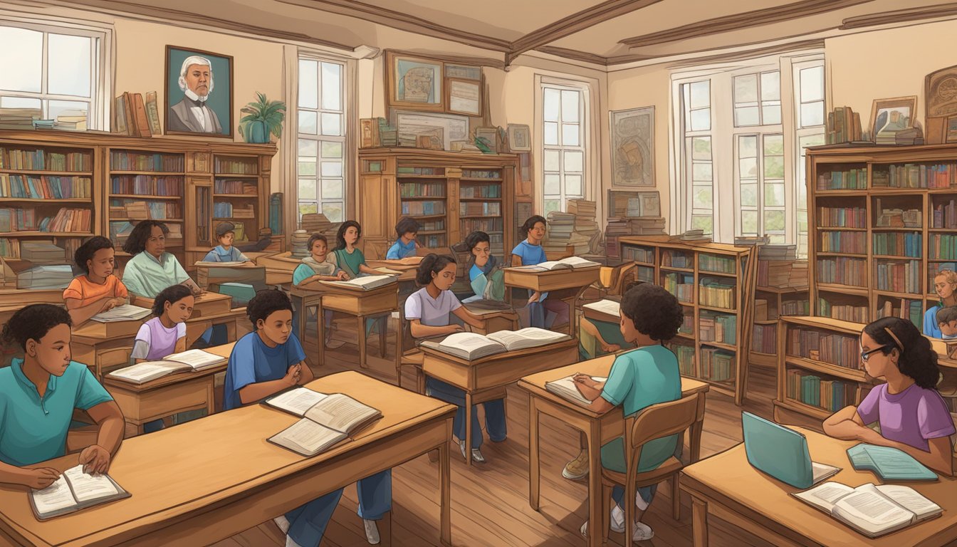 A classroom filled with students studying Puerto Rican history, surrounded by shelves of books and historical artifacts