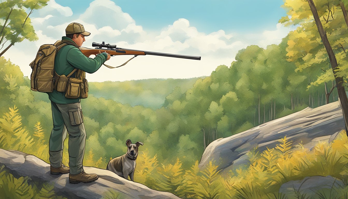 A hunter aiming a rifle in a forested area, with a guide pointing out a trail in the District of Columbia