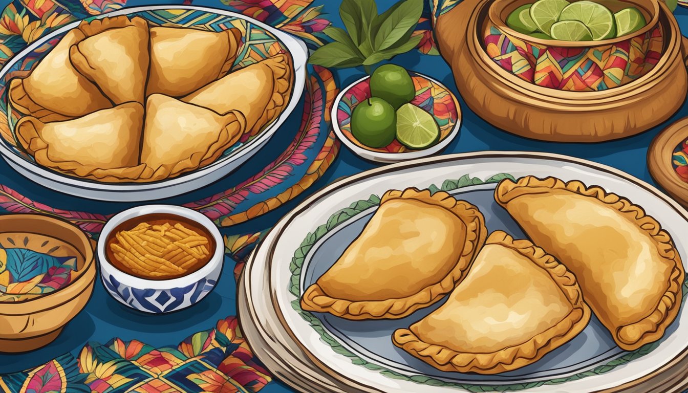 A table set with a plate of golden-brown empanadas, surrounded by traditional South American textiles and pottery