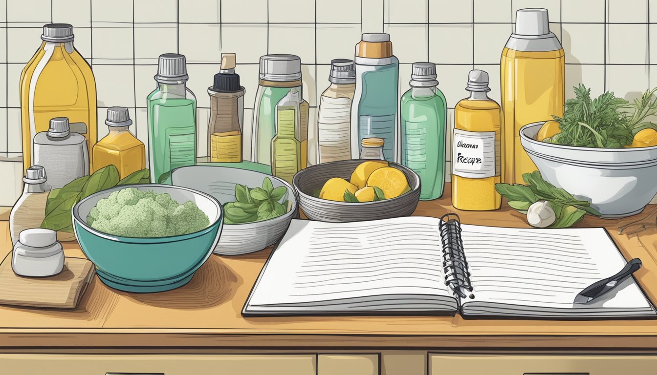 A cluttered kitchen counter with assorted natural ingredients and empty spray bottles, alongside a labeled notebook of homemade cleaner recipes