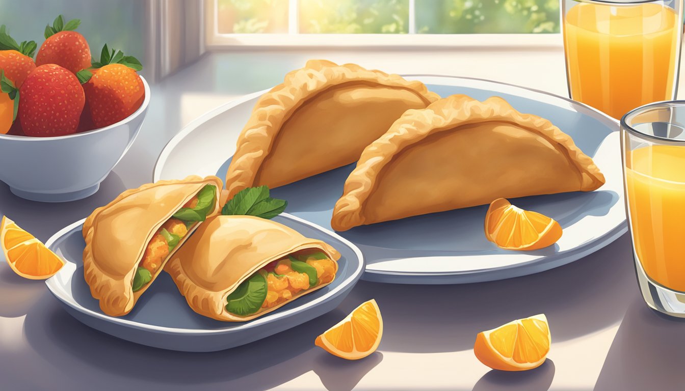 A table set with a plate of whole wheat empanadas, fresh fruit, and a glass of orange juice, with sunlight streaming in through a window