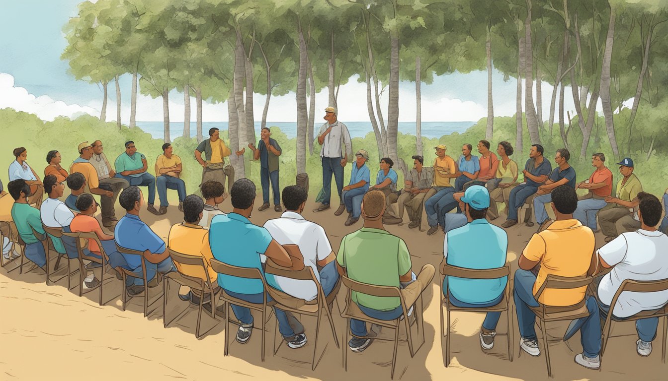 A group of people attending a hunter education class in Puerto Rico, discussing economic and social factors