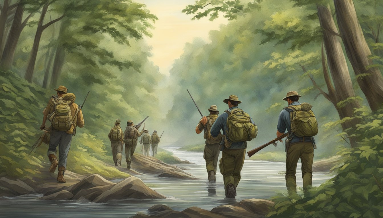 A group of hunters trek through the dense forest, guided by the Potomac River as they pursue their prey in the District of Columbia