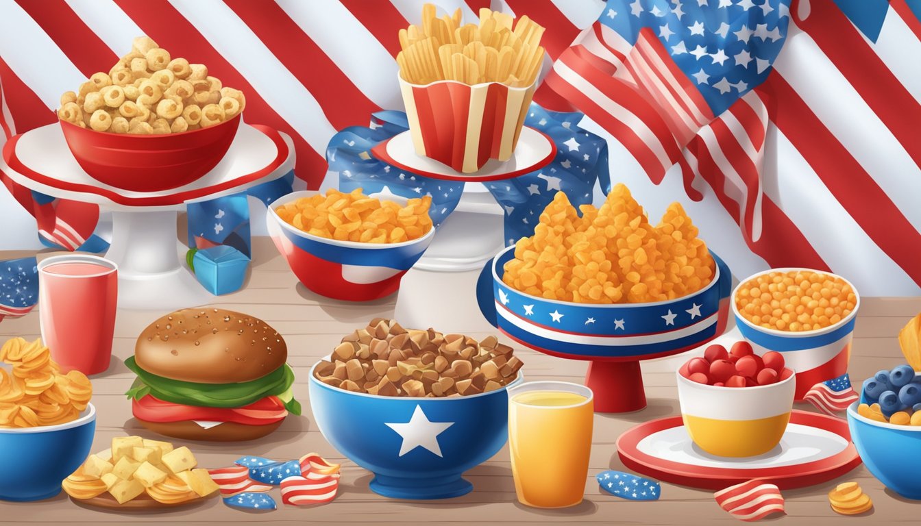 A festive table with colorful, nutritious snacks arranged in a patriotic theme for kids