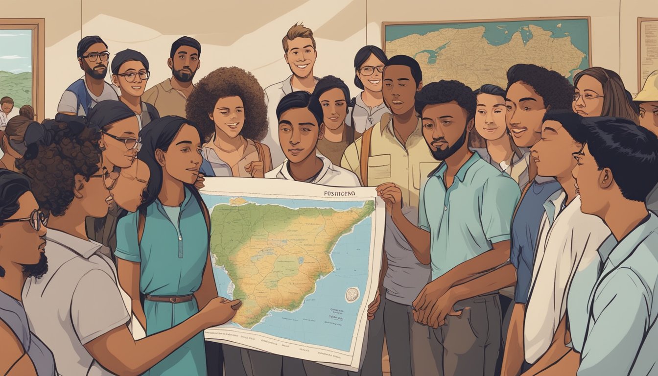 A group of students gather around a map of Puerto Rico, studying and discussing the island's history and culture. The teacher stands at the front, leading the discussion with enthusiasm