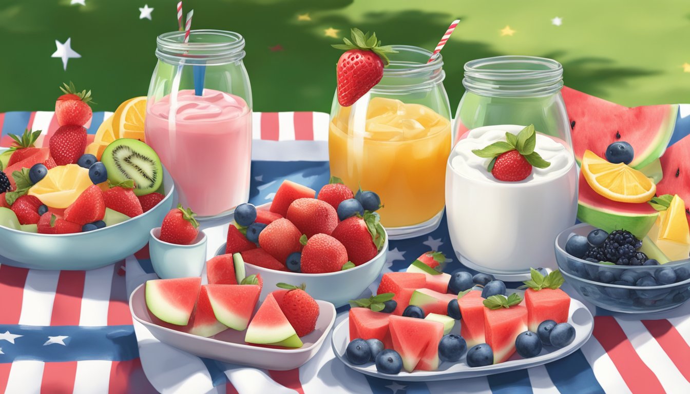 A picnic blanket spread with colorful fruit kabobs, watermelon slices, and yogurt parfaits, all arranged in a festive 4th of July theme