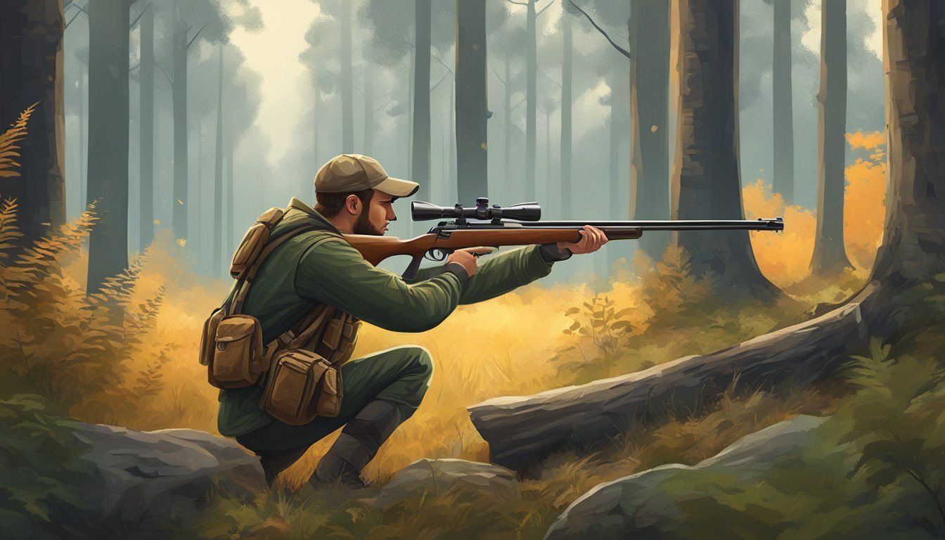 A hunter aiming a rifle at a deer in a forest clearing