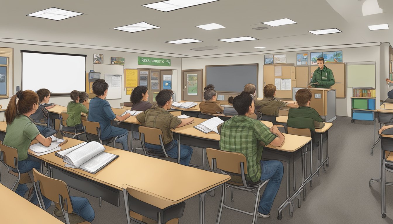 A hunter education student studying Nevada's wildlife and firearms safety in a classroom setting