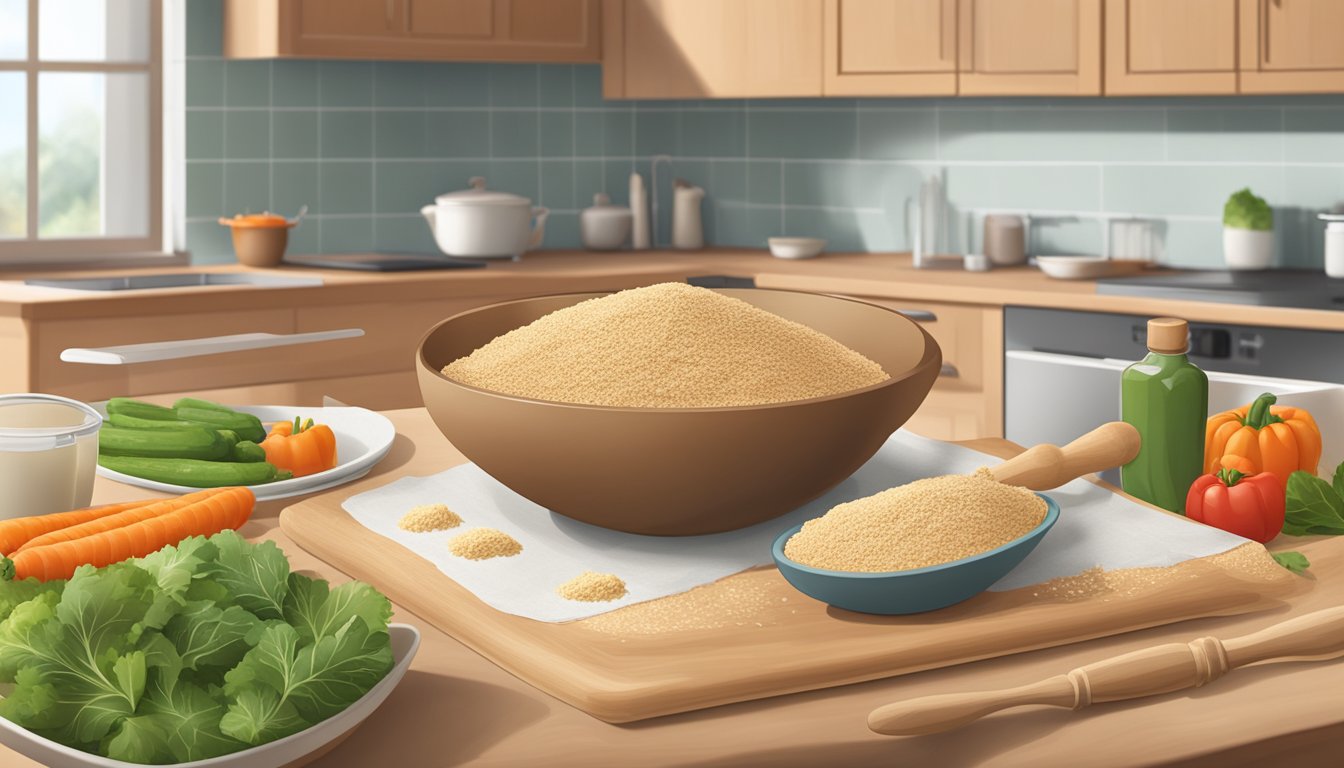 A kitchen counter with a rolling pin, bowl of whole wheat dough, and various healthy fillings such as vegetables and lean protein