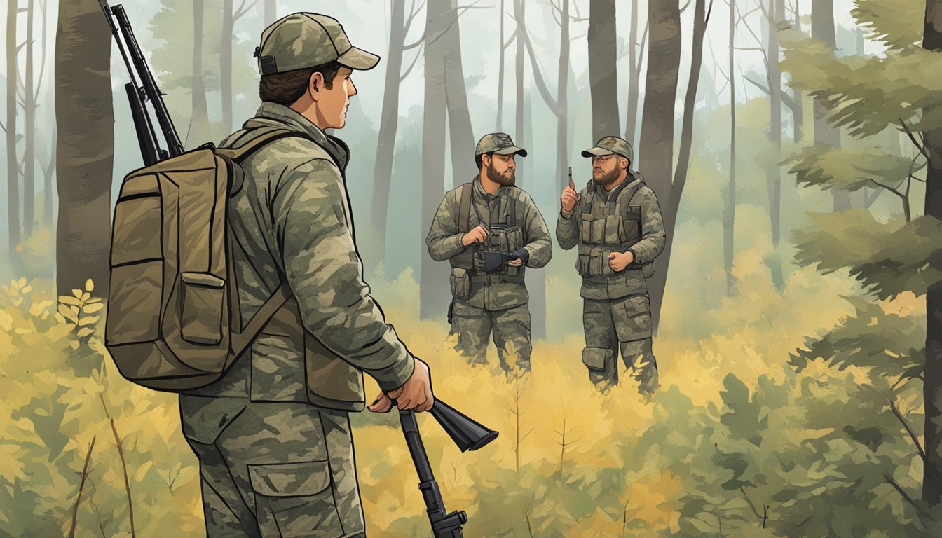 A hunter in camouflage gear stands in a wooded area, accompanied by a guide from a hunting outfitter. The guide points to tracks on the ground, indicating the benefits of hiring their services